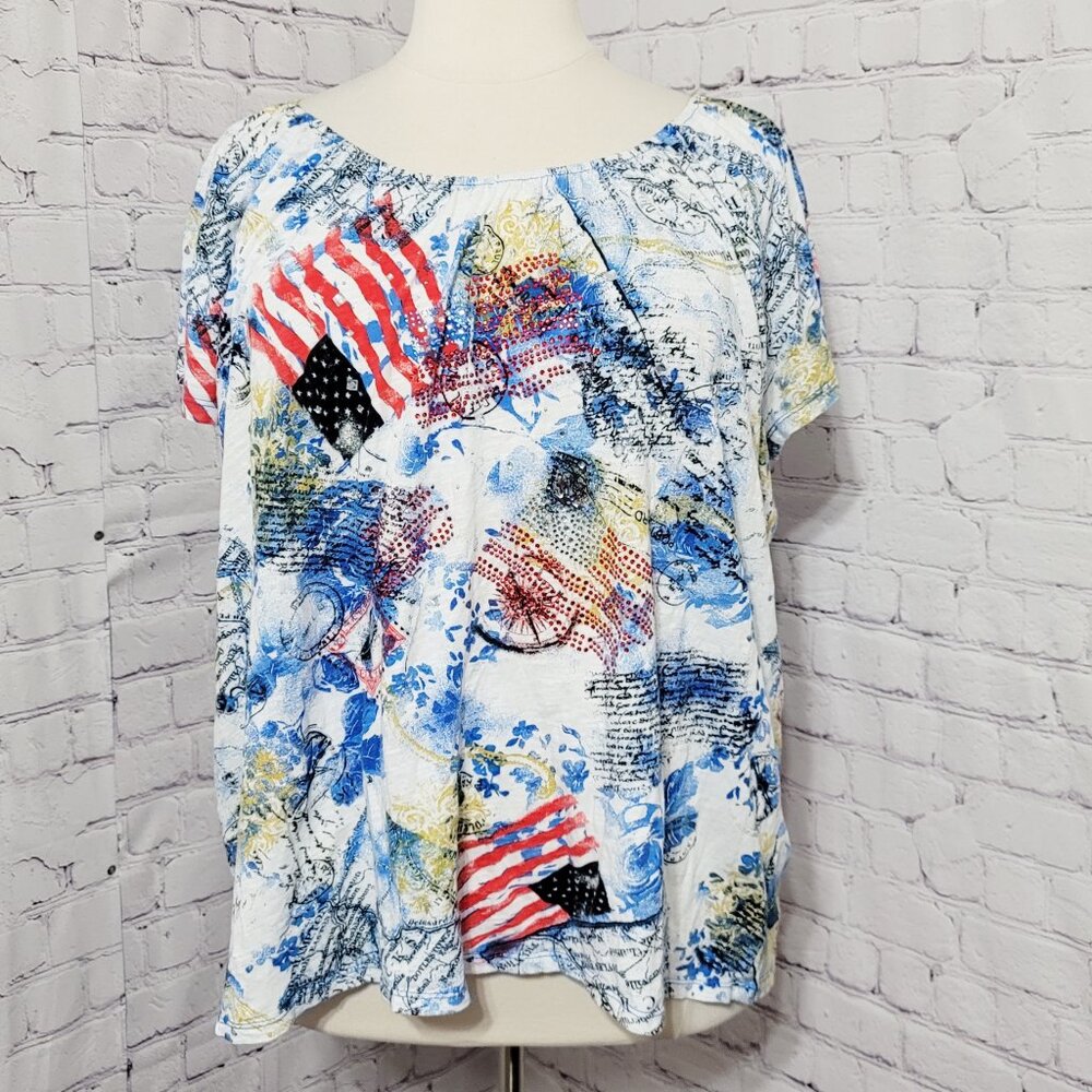 Thomas & Olivia Short Sleeve Patriotic Rhinestone Peasant Top 2X